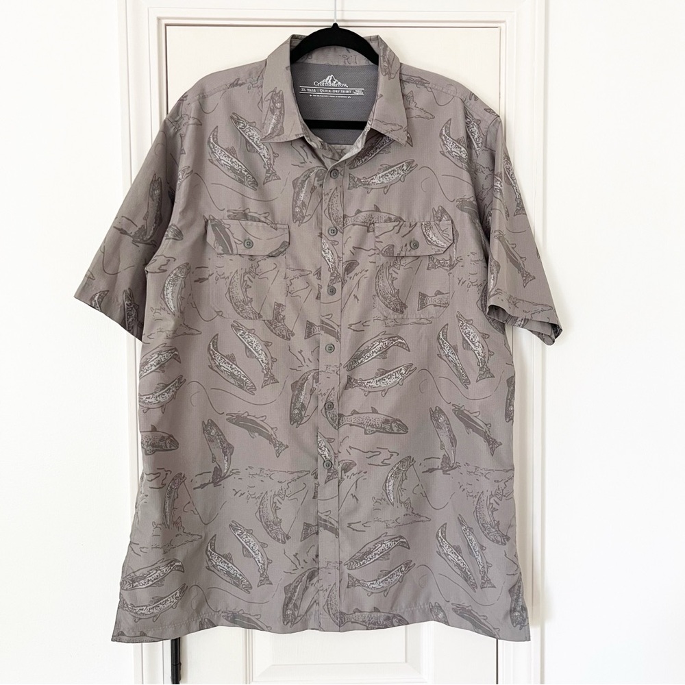 Croft & Barrow Gray Fish Print Quick Dry Short Sleeve Button Down Shirt XLT